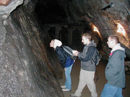 students
                looking at geology in a mine