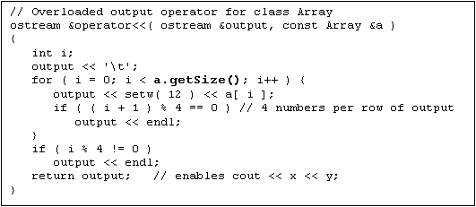 Text Box: // Overloaded output operator for class Array 
ostream &operator<<( ostream &output, const Array &a )
{
   int i;
   output << '\t';
   for ( i = 0; i < a.getSize(); i++ ) {
      output << setw( 12 ) << a[ i ];
      if ( ( i + 1 ) % 4 == 0 ) // 4 numbers per row of output
         output << endl;
   }
   if ( i % 4 != 0 )
      output << endl;
   return output;   // enables cout << x << y;
}
