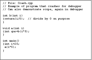 Text Box: // File: Crash.cpp
// Example of program that crashes for debugger
// Can also demonstrate scope, again in debugger

int b(int i)
{return(i/0);  // divide by 0 on purpose
}

void a(int i)
{int quo=b(i*5);
}

int main()
{int i=25;
 a(i*5);
}
